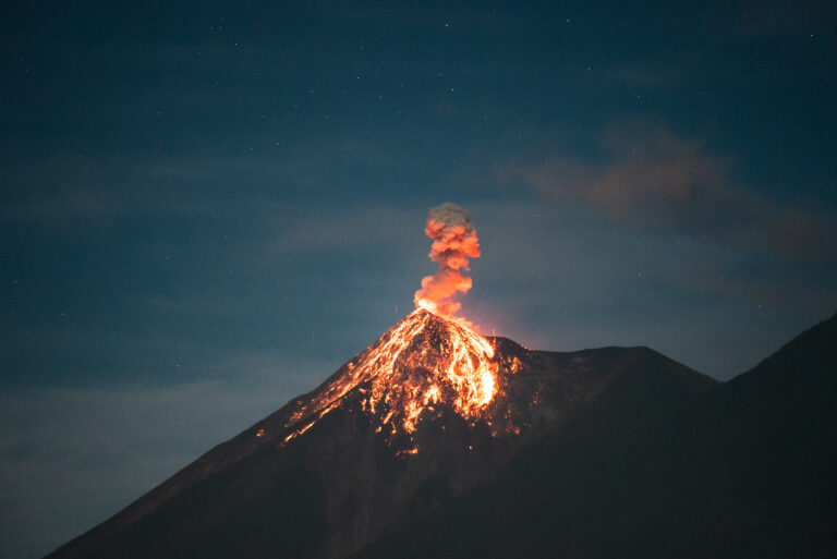 stunning Fuego Volcano erupting during beautirful night in Guatemala